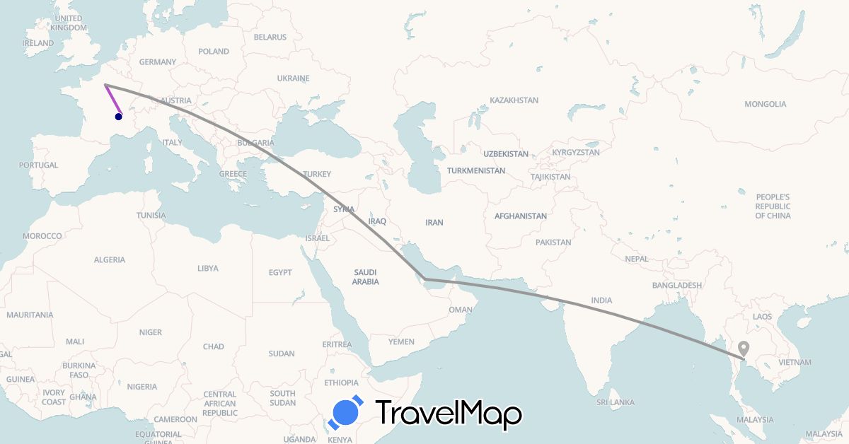 TravelMap itinerary: driving, plane, train in France, Qatar, Thailand (Asia, Europe)